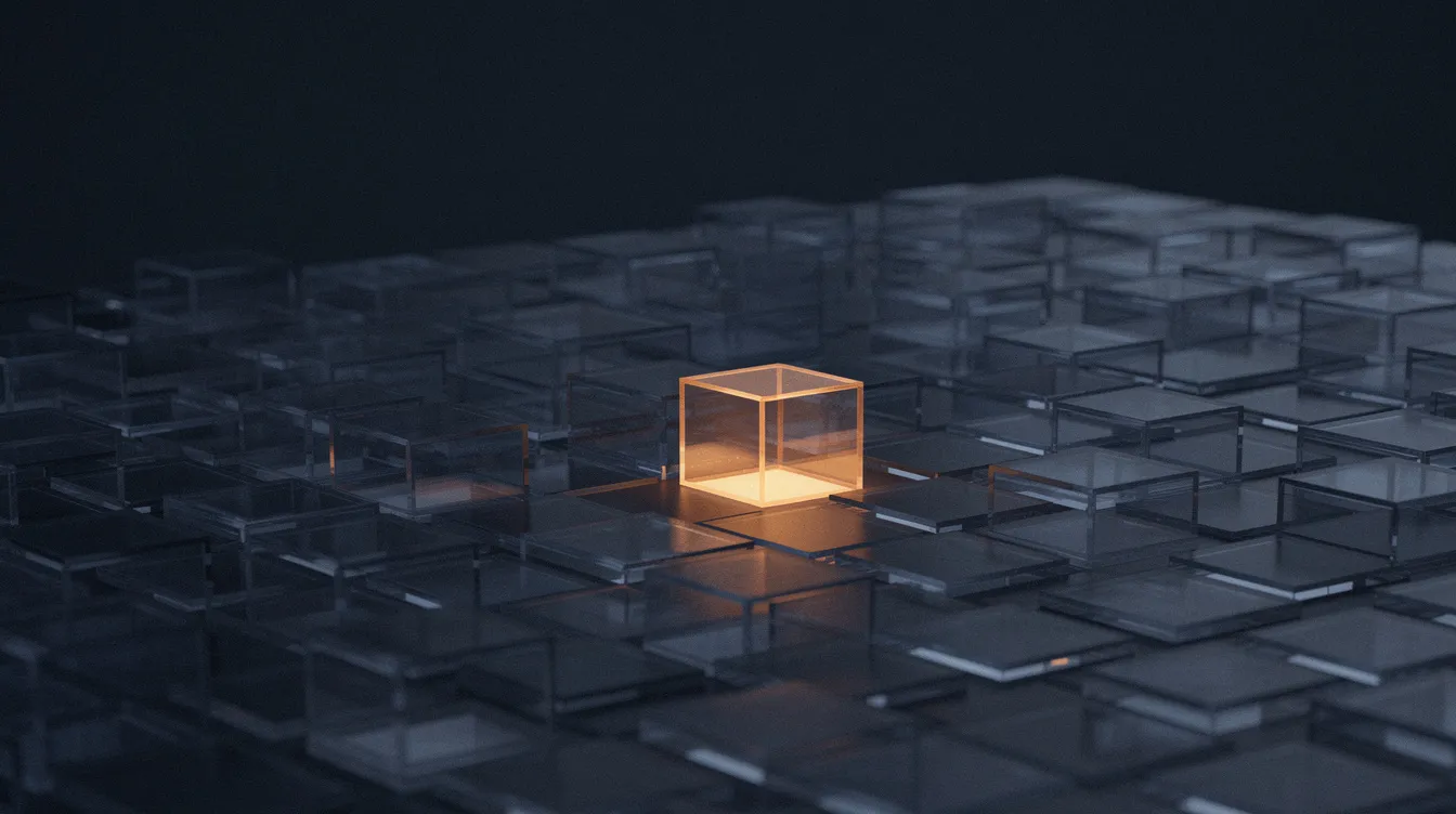 Abstract image of many identical panels with a single one lit and distinct