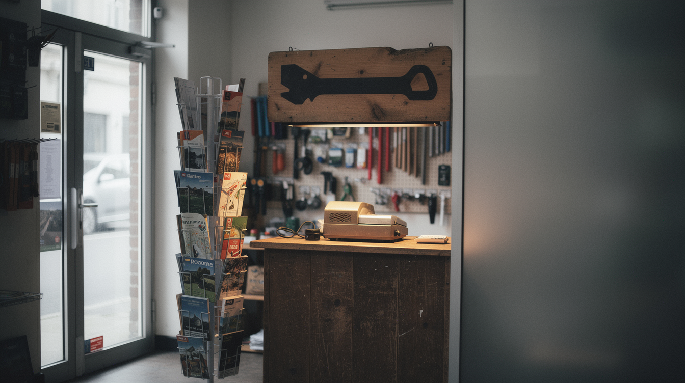 A hardware shop counter at closing time, a rack of unrelated leaflets by the door, and a hand-painted tool sign above the till